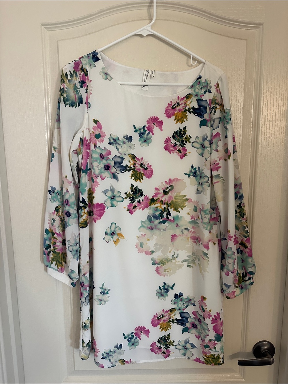 Pink Owl White Long Sleeve Floral Shift Dress with Pink & Teal Blooms